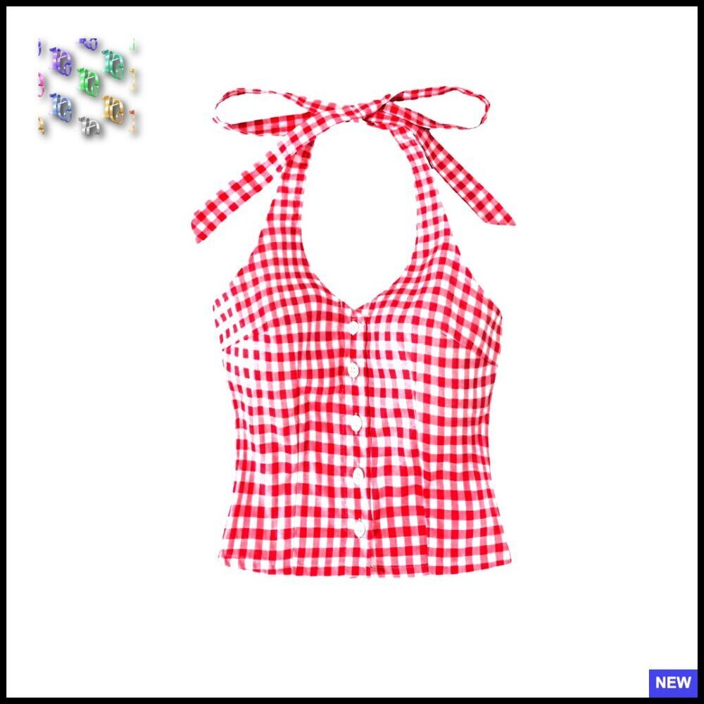 Gingham Plaid Halter Top Tie Backless Sleeveless Button Front Crop Tank